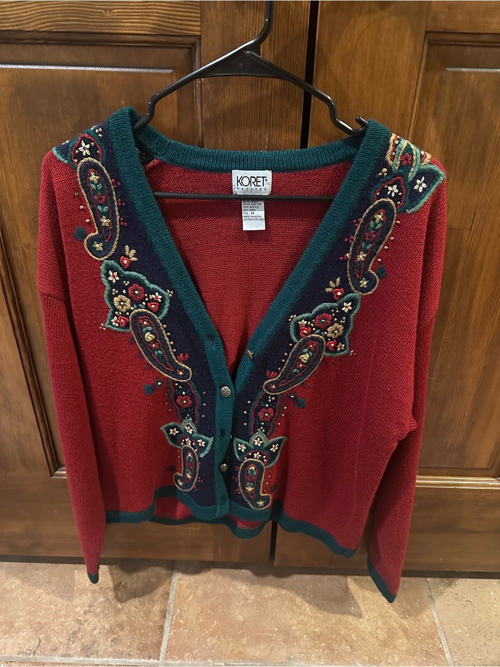 Koret Red and Teal Embellished V-Neck Cardigan